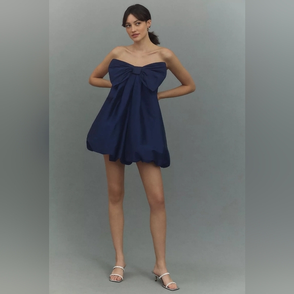 NWT BHLDN Anthropologie Livia Strapless Bow Tent Mini Dress in Navy Blue… - Picture 2 of 10